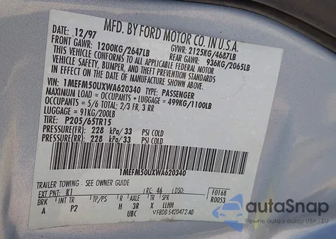 1998 Mercury Sable Gs/Ls from USA, damaged, VIN 1MEFM50UXWA620340